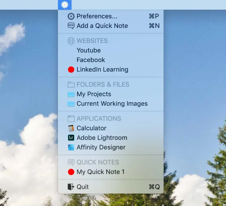 Shortcuts in Menu Bar